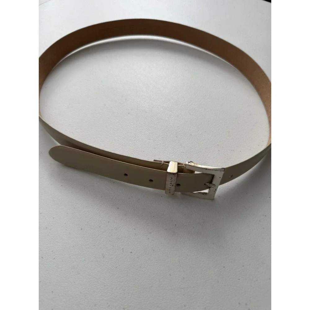 Perry Ellis Mens Beige Tan Genuine Leather Belt Silver Buckle Size XL